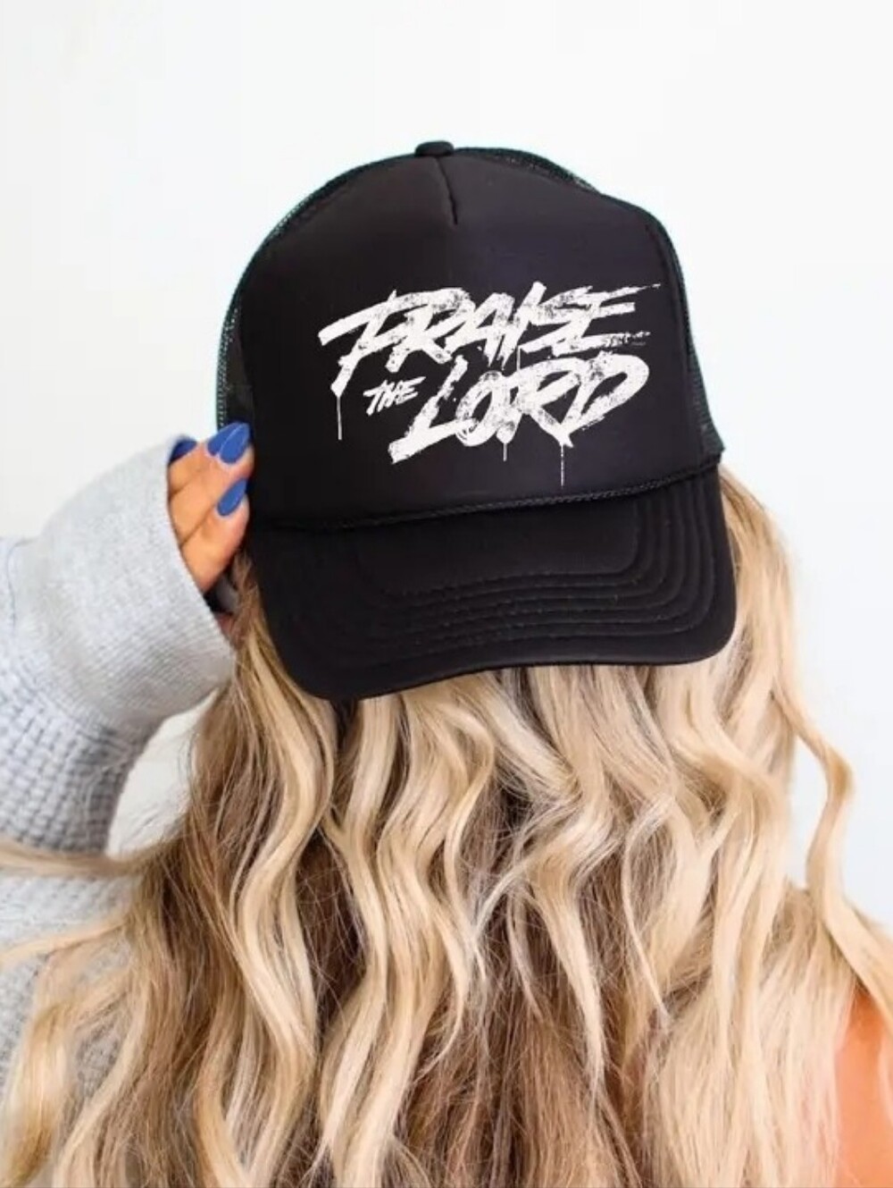 Black Trucker Hat with White "Praise The Lord" Script